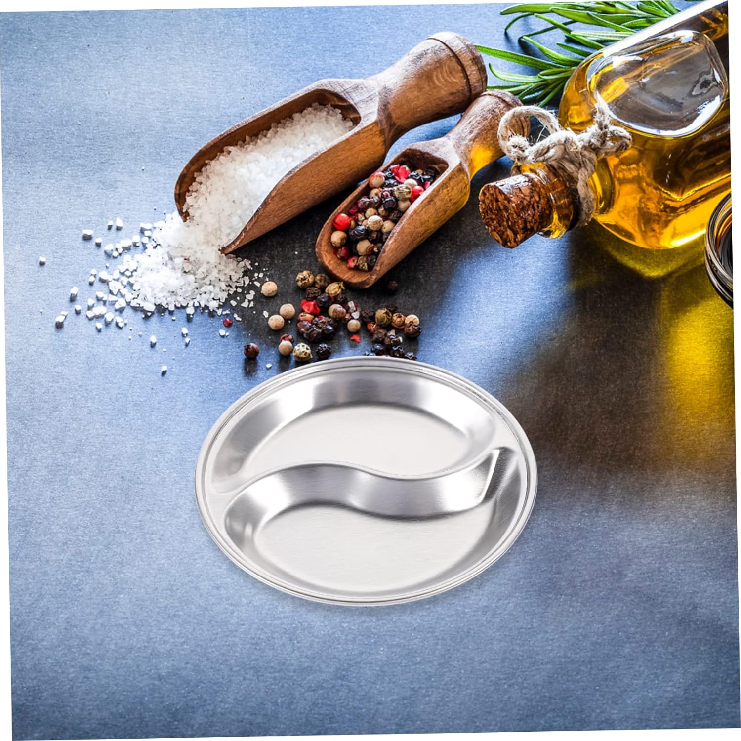 3 Pcs Stainless Steel Double-Grid Sauce Dishes – Round Divided Condiment Plates, Snack Dipping Trays, 12cm