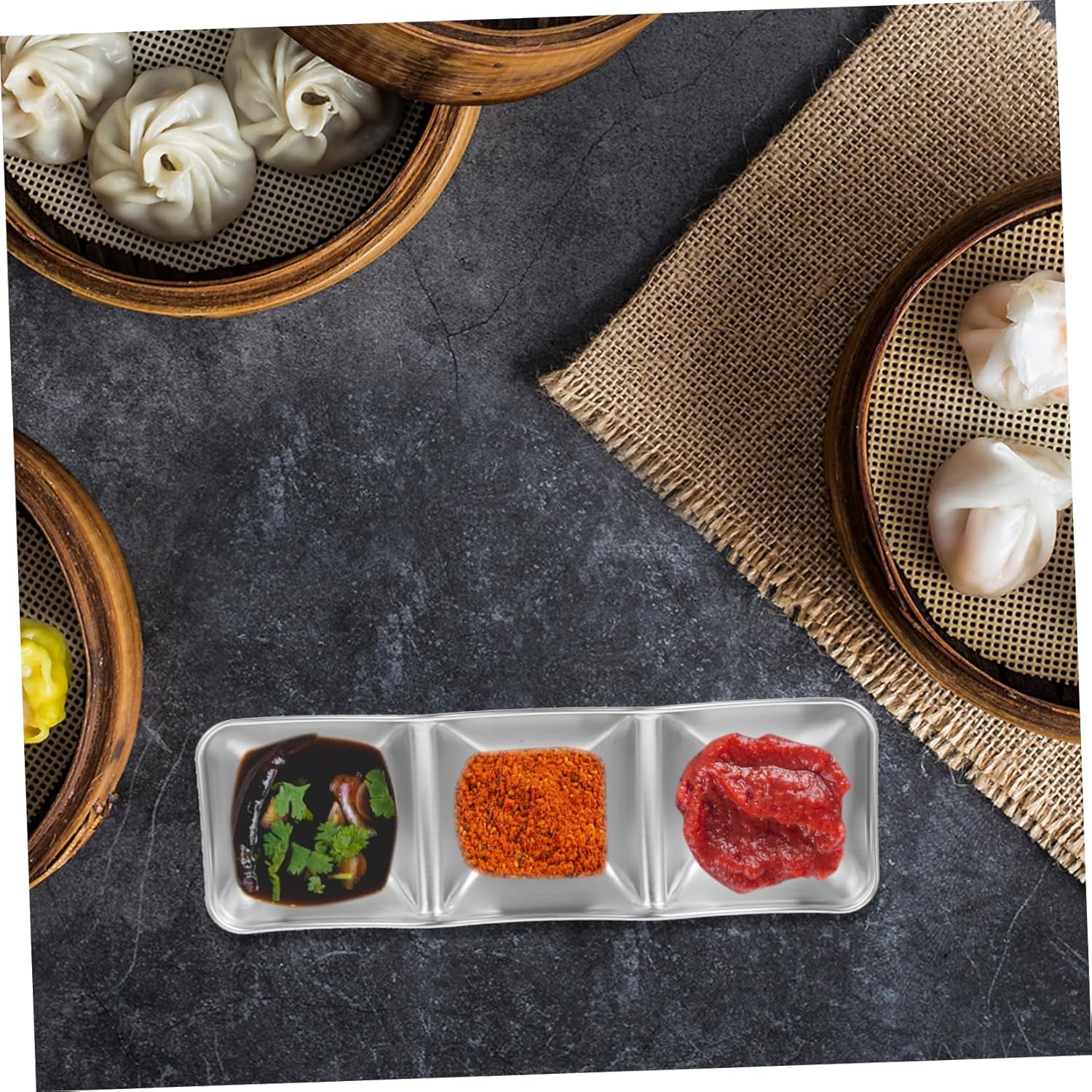 Stainless Steel 3-Compartment Sauce Dish · Rectangular Divided Condiment Tray