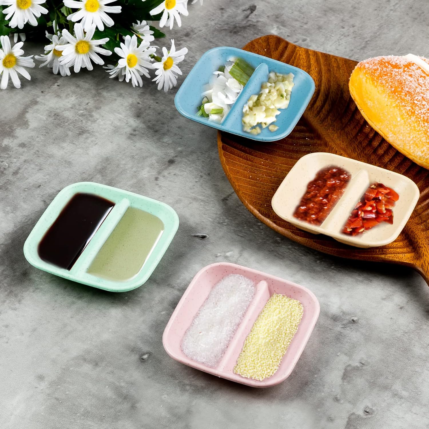 Colorful Divided Plates · Square 2-Compartment Design · 8 Pcs Set · Compact & Multi-Purpose