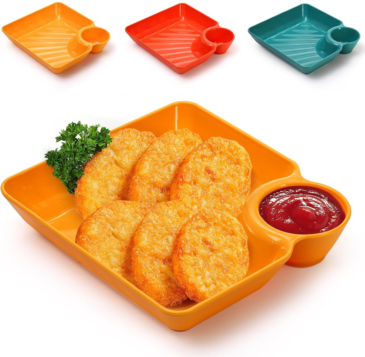 Ceramic Square Divided Plate with Built-in Dipping Bowl · 12 Pcs Random Colors