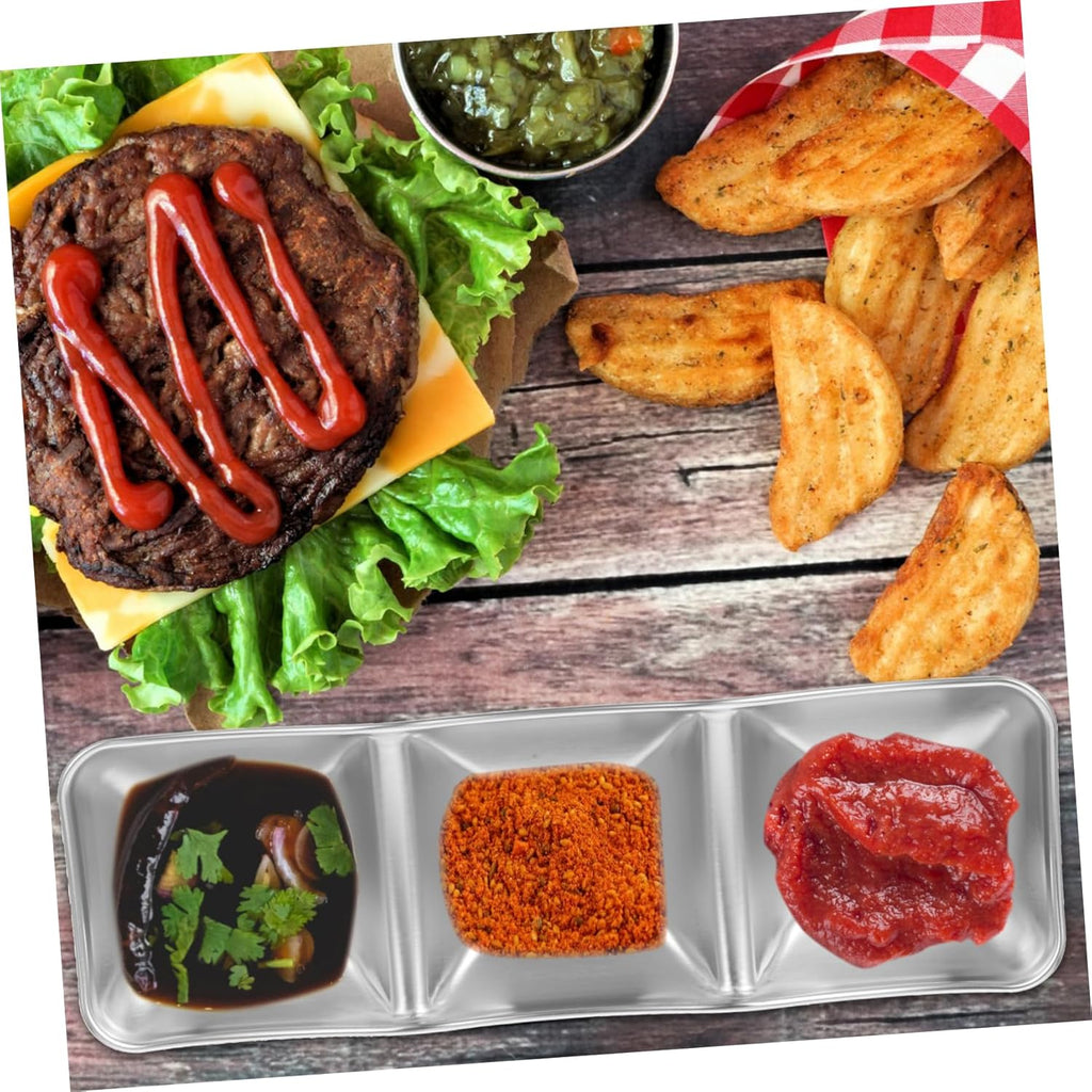 Stainless Steel 3-Compartment Sauce Dish · Rectangular Divided Condiment Tray