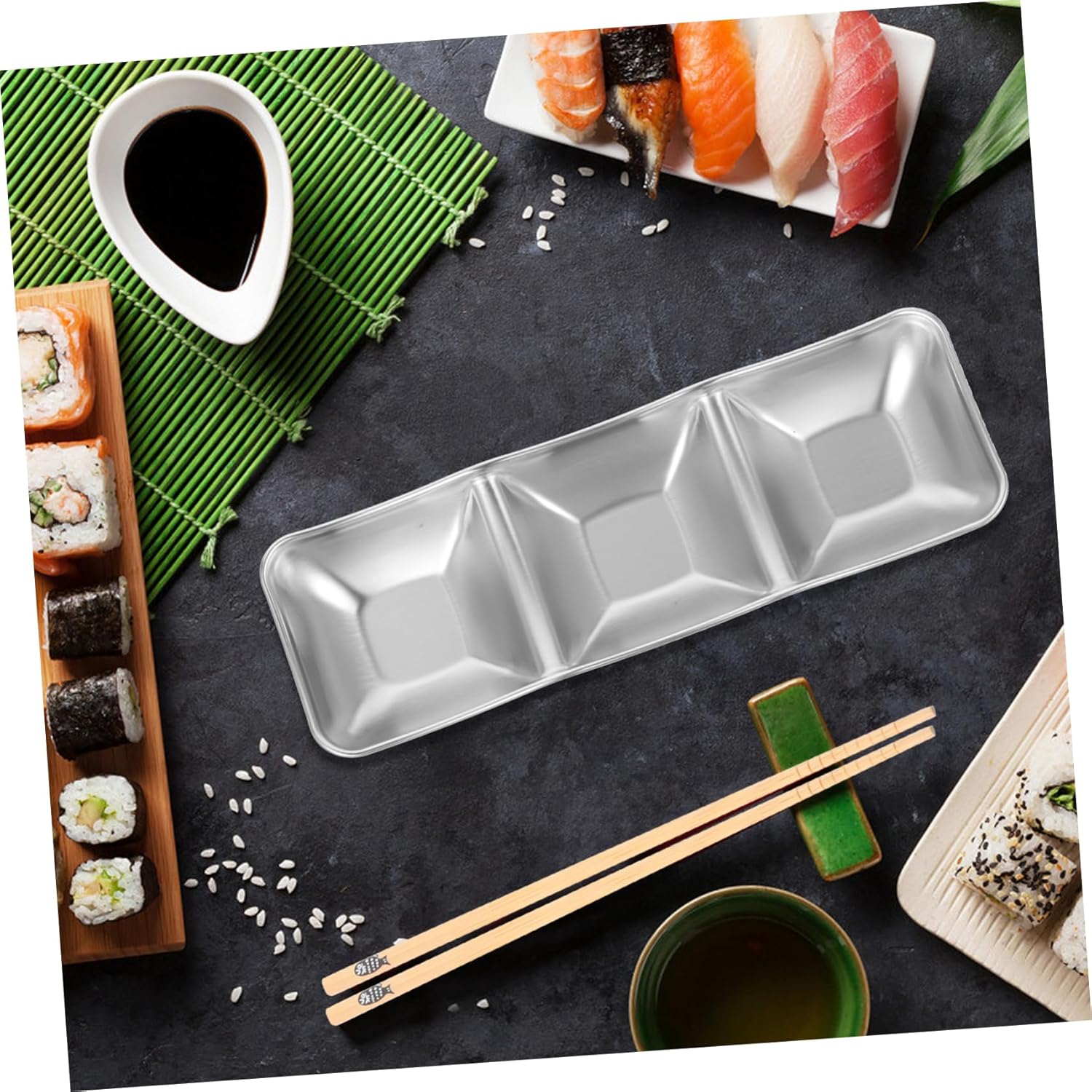 Stainless Steel 3-Compartment Sauce Dish · Rectangular Divided Condiment Tray
