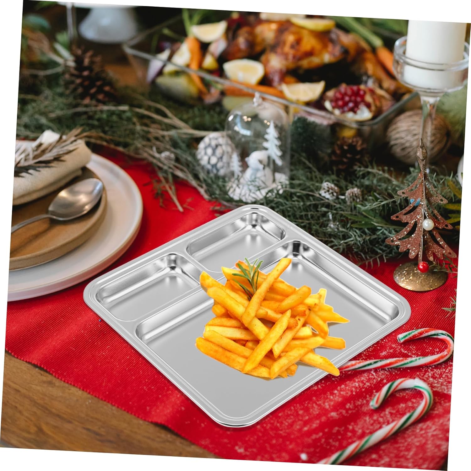 Stainless Steel 4-Compartment Square Dinner Plate · Divided Food Tray