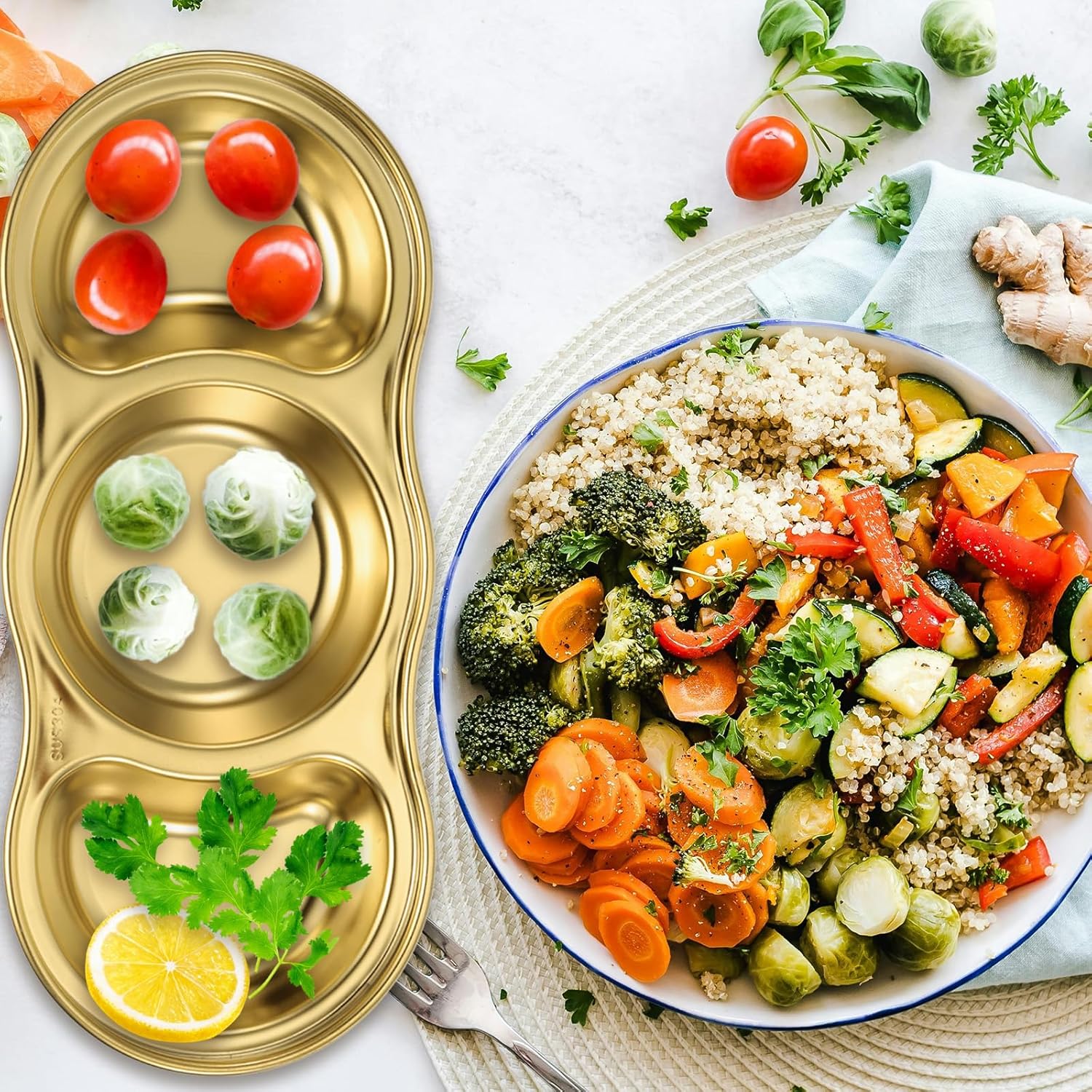 6 Pcs Gold Stainless Steel 3-Compartment Serving Tray – Divided Condiment Dish, Snack and Appetizer Plate 20.5×8.2cm