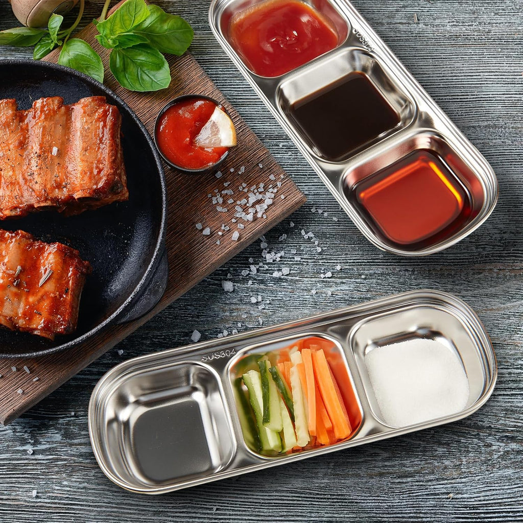 Stainless Steel Divided Sauce Dish · 3-Compartment Tray · 6 Pcs Set · For Dipping, Condiments & Snack