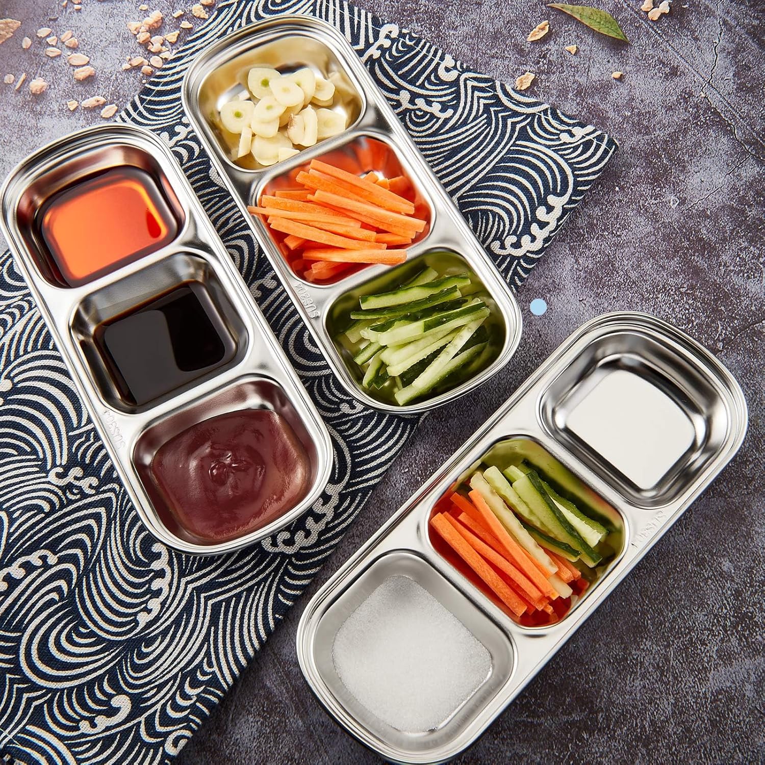 Stainless Steel Divided Sauce Dish · 3-Compartment Tray · 6 Pcs Set · For Dipping, Condiments & Snack